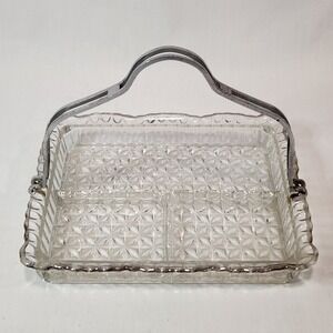 Vintage Clear Pressed‎ Glass 3 Compartment Rectangle Serving DishMetal Handle